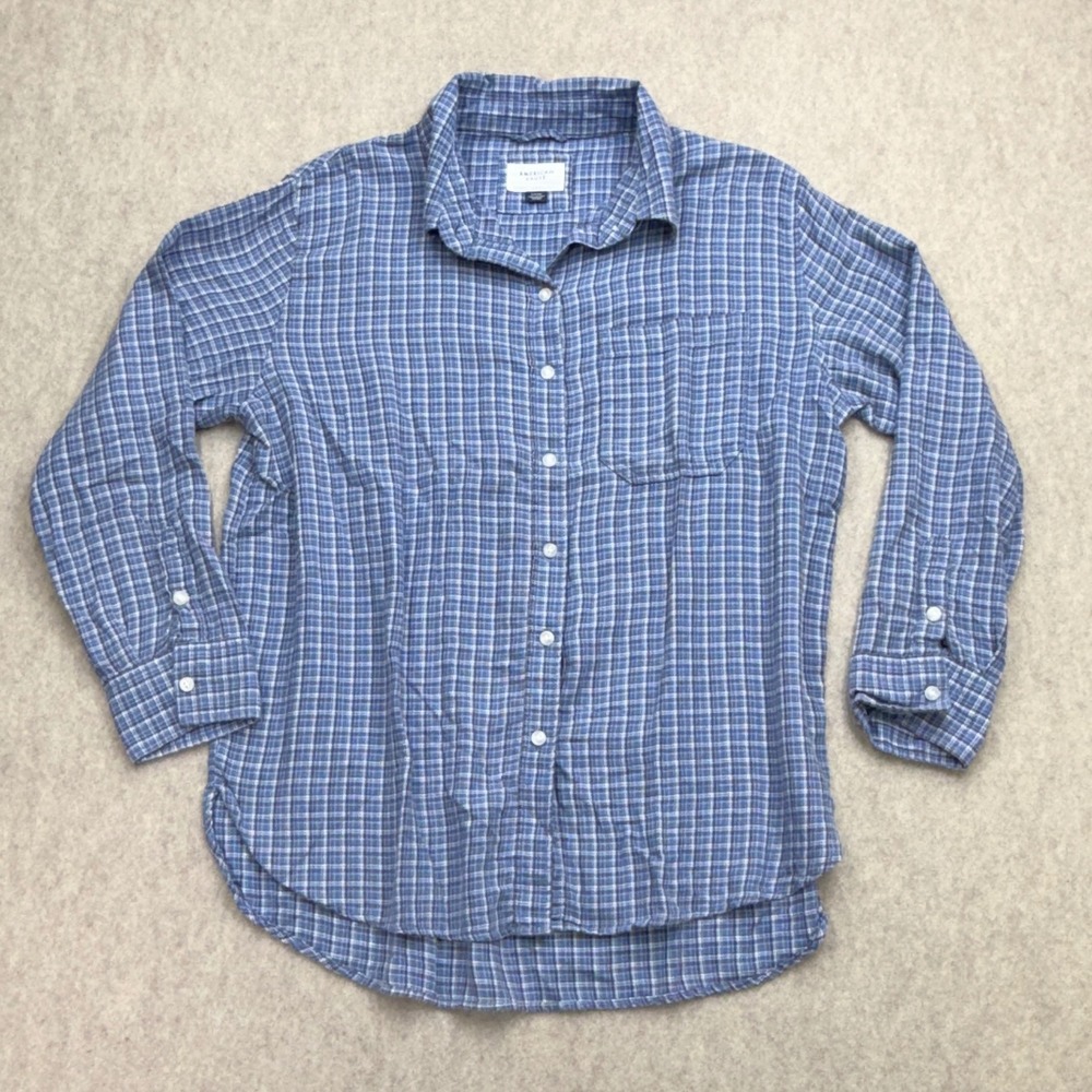American Eagle Button Down Men S Blue Plaid Coastal Soft Grunge Indie Sleaze